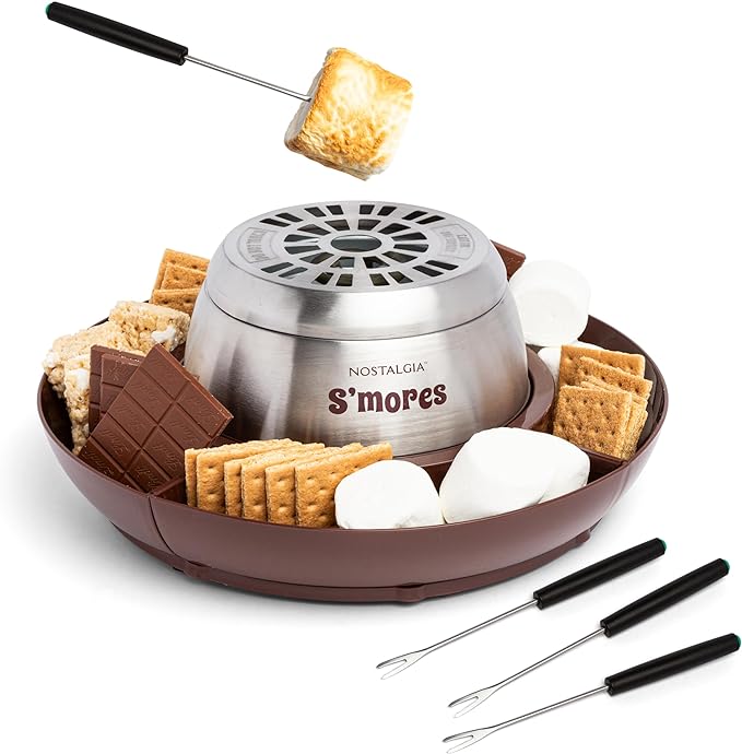 Nostalgia Indoor Electric Stainless Steel S'Mores Maker with 4 Lazy Susan Compartment Trays for Graham Crackers, Chocolate, Marshmallows and 4 Roasting Forks, Brown