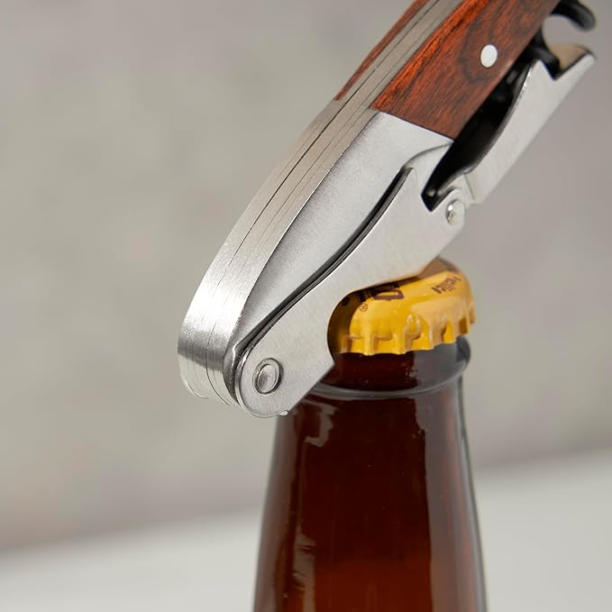 Twine Double Hinged Waiters Corkscrew Wine Opener with Built-in Bottle Opener and Foil Cutter, Durable Stainless Steel with Wood Handle, Home Bar, Kitchen, Travel, Gifts for Wine Lovers, Set of 1