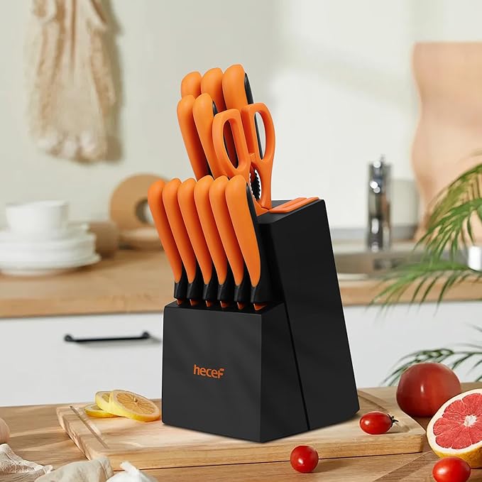 hecef 15 Pieces Kitchen Knife Set with Built-in Sharpening Wooden Block, Dishwasher Safe, High Carbon Stainless Steel Knife Block Set with Steak Knives, Kitchen Scissors (Orange)
