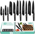 12-Piece Kitchen Knife Set, Stainless Steel Knives with Non-Stick Coating, Dishwasher Safe, Black Knife Set with Rose Gold Rivets 6 Blade Guards, Perfect for Home Chefs Cooking Enthusiasts