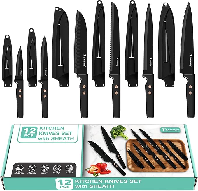 12-Piece Kitchen Knife Set, Stainless Steel Knives with Non-Stick Coating, Dishwasher Safe, Black Knife Set with Rose Gold Rivets 6 Blade Guards, Perfect for Home Chefs Cooking Enthusiasts