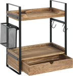Coffee Station Organizer Countertop, Wooden Coffee Bar Accessories Organizer with Basket, 2 Mug Holder Hooks and Pod Drawer, Multifunctional 2 Tier Countertop Organizer for Kitchen, Bathroom, Office