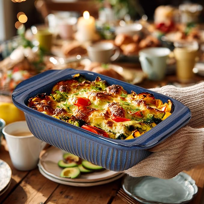 Artena Baking Dish 2.3 Quarts, Casserole Dishes For Oven, Baking Pan With Handles, Lasagna Pan Deep, Large Casserole Dish, Rectangular Ceramic Bakeware, Blue (Baking Dish With Rack)