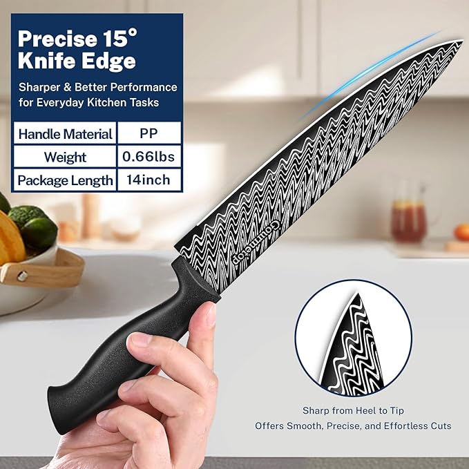 Gourmetop Kitchen Knife Set with Cover 3 Pcs, Black Chef Knife Set for Cooking, Sharp Kitchen Knives with Sheath, 8'' Chef Knife, 5'' Utility, 3.5'' Paring, Damascus Pattern Kitchen Knife for Cutting