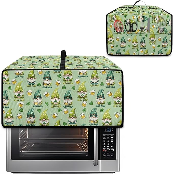 St. Patrick's Day Gnome Print Toaster Oven Cover, Clover Beer Pattern Anti Scratch Microwave Cover for Kitchen Countertop Appliance Dust Protector Decorative Oven Accessories, Green, S