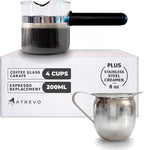 Espresso Carafe Glass Replacement - 4 Cup. Fits Most Espresso Machines, Mr. Coffee, Cuisinart, Breville. PLUS Stainless Steel Creamer (8oz).