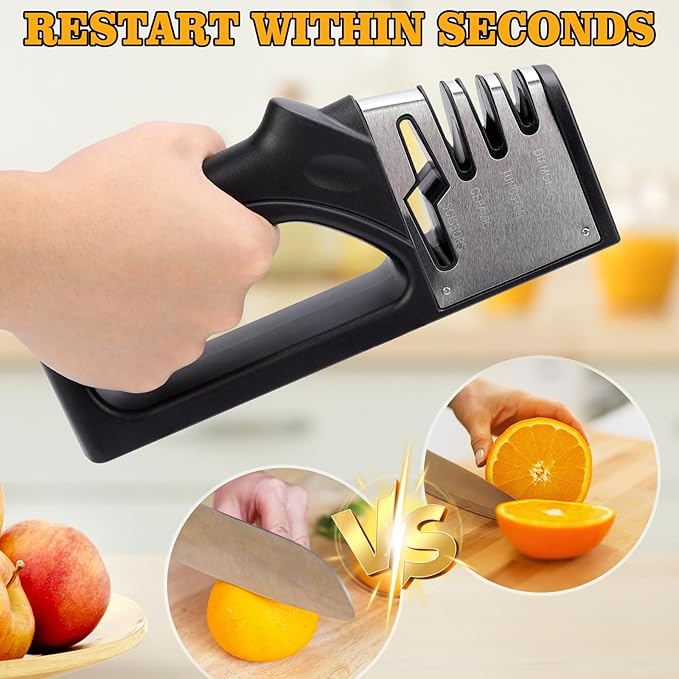 4-in-1Manual Knife Sharpener Suitable for kitchen knives, fruit knives, steel knives, scissors, and 3-level precision sharpening.Non slip base, suitable for home use (black) (2)