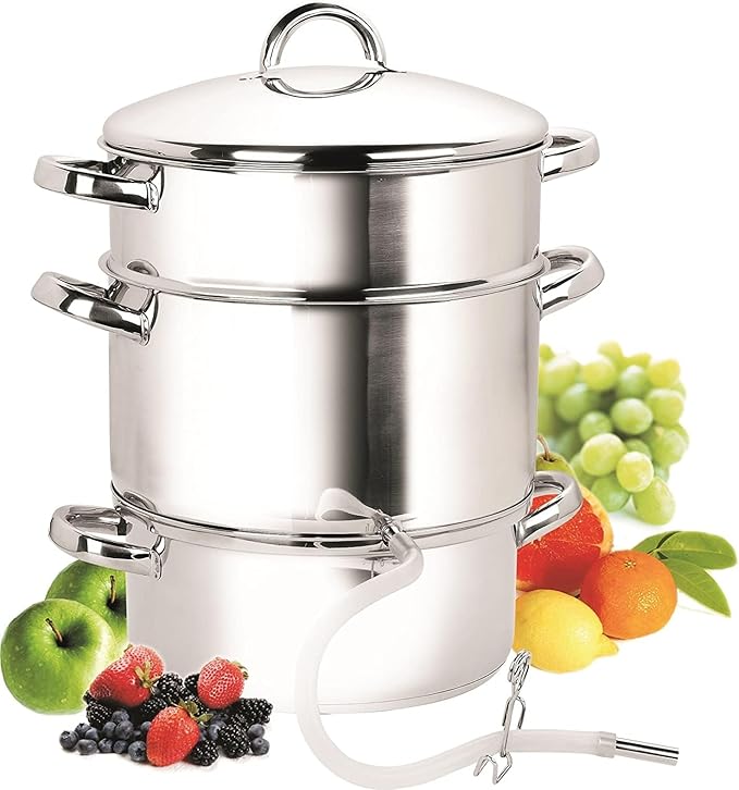 Cook N Home Basics Canning Juice Steamer Extractor With water/cooking pan, juice pan, strainer/loading pan, lid, and hose with clamp , 11-Quart, Mirror Satin, Stainless Steel