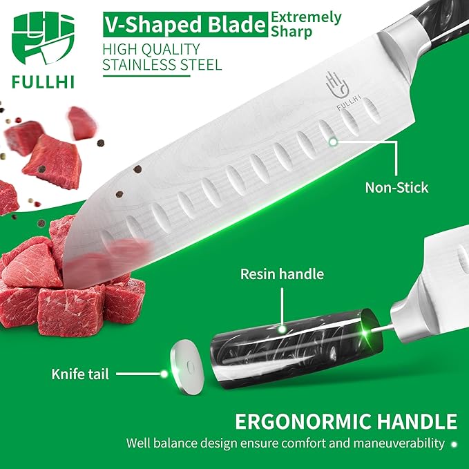 FULLHI 15pcs Japanese Knife Set with Magnetic Knife Block Holder, Japan Stainless Steel Blades, Black Resin Ergonomic Handles for Professional and Home Cooking