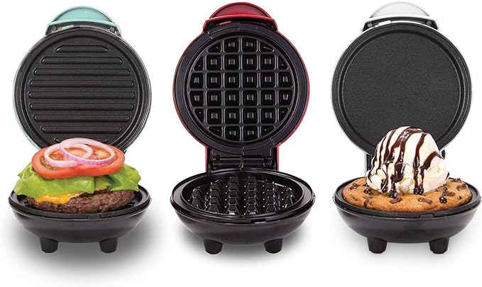 Dash Mini Maker Set - Customized Treat Maker - Supports Multi-Function Cooking - Easy Cleanup and User-Friendly Design - White, Aqua & Red - Waffle, Grill & Griddle Irons