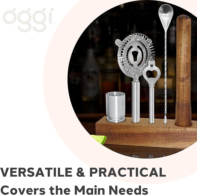 OGGI 6-Piece Slim Bartender Kit - Ideal Bar Cart Accessories, Great Decor and Accessories for the Home Bar, Bartending Kit - Acacia Base & Muddler, Stainless Stirrer, Opener, Jigger, Cocktail Strainer
