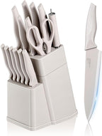 E-far Knife Set with Block, 15 Pieces Kitchen Knife Block Set with Sharpener, High Carbon Stainless Steel Sharp Chef Knife Set with Ergonomic Handles, Anti Rust, Khaki