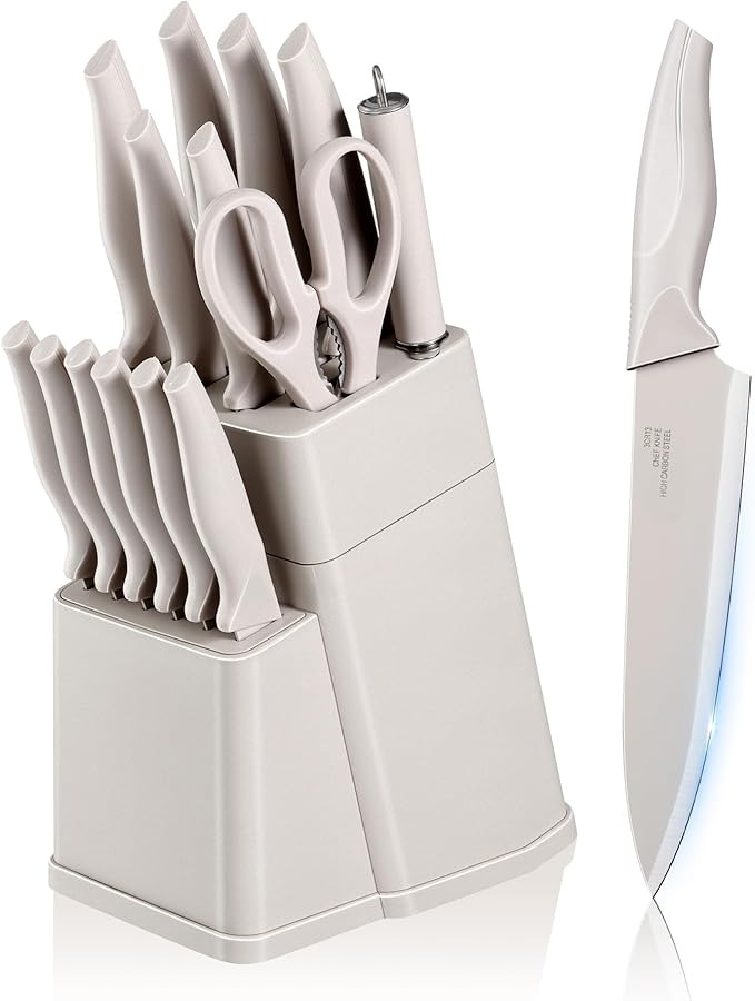 E-far Knife Set with Block, 15 Pieces Kitchen Knife Block Set with Sharpener, High Carbon Stainless Steel Sharp Chef Knife Set with Ergonomic Handles, Anti Rust, Khaki