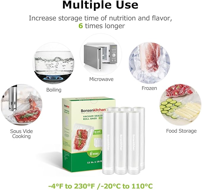 Bonsenkitchen 6 Rolls 11" x 16' Vacuum Sealer Bags for Food with a Color Box, Easy to Store, Commercial Grade, BPA Free, Great for Food Storage or Sous Vide, VB21