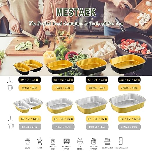Divided Aluminum Foil Takeout Containers with Lids (5 Pack) – 2X Thicker Heavy Duty Black Compartment Food Trays for Bento, Meal Prep, School Lunch & To-Go Meals, 27oz