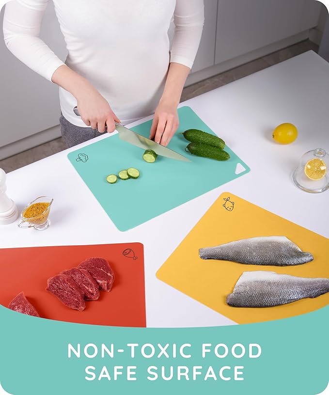 July Home Cutting Board Alternative for Kitchen - Extra Thick Flexible Plastic Cutting Board Set of 3, Non-Slip, BPA-Free, Easy to Clean, Colored Cutting Mats for Cooking, Durable Chopping Sheets