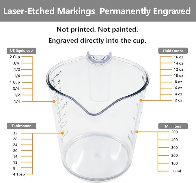 Laser-Etched Measuring Cup Set, 16 oz & 1 Cup Clear Plastic Liquid Measuring Cups, Permanent oz/cup/Tbsp/mL Markings, Food-Grade for Baking & Cooking