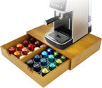 Coffee Pod 15" X 11" X 3" Natural Wood Countertop Organizer Drawer, Counter Top Espresso Tea Bag Station Storage Holder Box, Brown