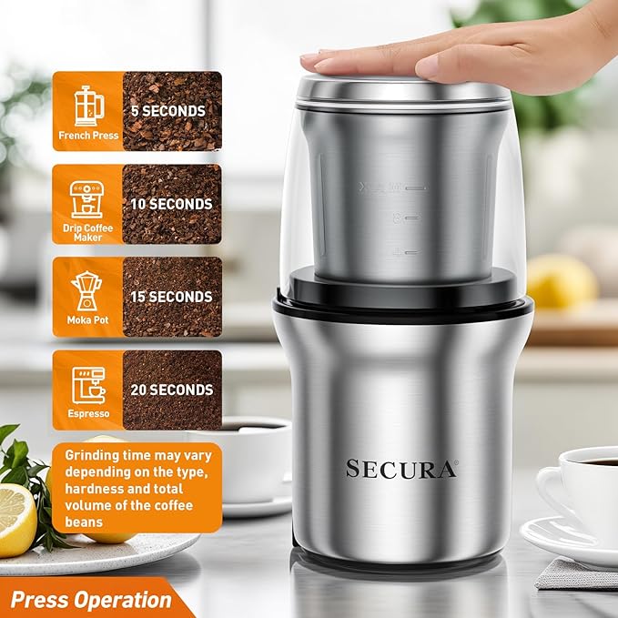 Secura Electric Coffee Grinder and Spice Grinder with 1 Stainless Steel Blades Removable Bowl