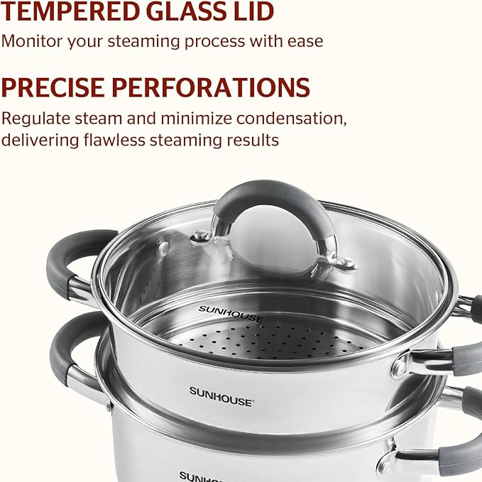 SUNHOUSE 3 Quarts Steamer Pots With Lid, 2-Tier Multipurpose Stainless Steel Steaming Pot Cookware With Stay-Cool Handles, Tri-ply Bottom, Compatible with All Cooktops