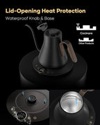 Cocinare Barista Collection Gooseneck Electric Kettle, ±1℉ Precise Temperature Control for Pour-Over Coffee & Tea, Quick Heating 1500W, Stainless Steel Interior, 0.9L (Goya Walnut)