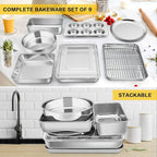Bakeware Sets, P&P CHEF 9-Piece Stainless Steel Baking Pans Set, Round/Square Cake Pan, Toaster Oven Pan, Lasagna Pan, Loaf Pan, Pizza Pan, Muffin Pan, Dishwasher Safe & Durable, Healthy & Non-toxic