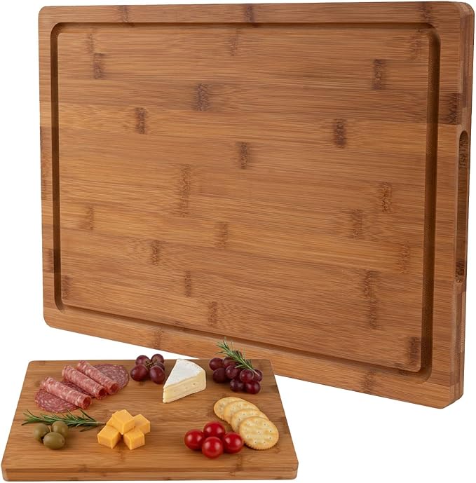 Bamboo Cutting Board, 1" Thick Heavy Duty Wood Chopping Board for Kitchen, Built-in Deep Juice Groove and Handles, Reversible Charcuterie Board for Meat BBQ, Gift for Housewarming, 17x12''