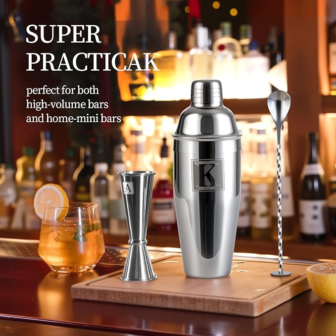 24oz Cocktail Shaker Set with 1 oz 2oz Jigger - Monogramm Initials Martini Shaker Set - 304 Stainless Steel Bar Shaker for Margarita,Mojito-Personalized Gift for Friend,Husband-H