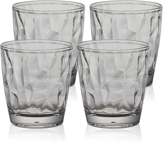 Topsky 10 oz Plastic Water Tumblers | Set of 4 Transparent Unbreakable Drinking Glasses Clear Acrylic Reusable Juice Wine Cups for Home Picnic Party, Dishwasher Safe, Stackable (Gray)
