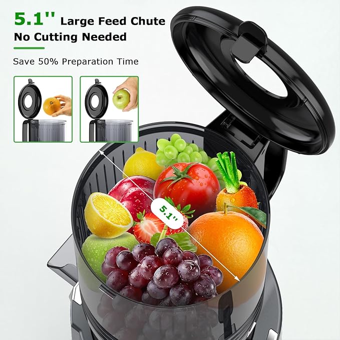 OMMO Cold Press Juicer Machines: 5.1" Wide Feed Chute Slow Masticating Juicer for Whole Fruits & Vegetables, Easy to Clean, High Juice Yield, BPA Free, Grey