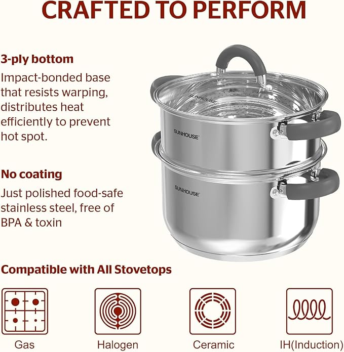 SUNHOUSE 3 Quarts Steamer Pots With Lid, 2-Tier Multipurpose Stainless Steel Steaming Pot Cookware With Stay-Cool Handles, Tri-ply Bottom, Compatible with All Cooktops
