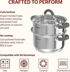 SUNHOUSE 3 Quarts Steamer Pots With Lid, 2-Tier Multipurpose Stainless Steel Steaming Pot Cookware With Stay-Cool Handles, Tri-ply Bottom, Compatible with All Cooktops
