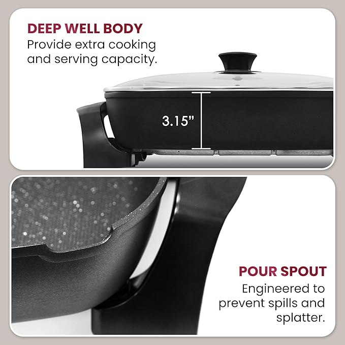 Elite Gourmet EG-6203# Extra Deep 16"x13" (10.5 Qt.) Non-Stick Electric Skillet with Glass Vented Lid & Pour Spout | Dishwasher Safe, Long-Lasting Non-Stick, 200-400°F | Serves 6-8, Black