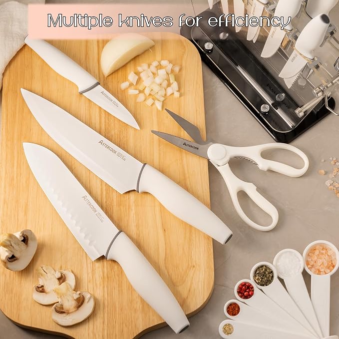 Astercook Knife Set with Block and Sharpener, 22 Piece Kitchen Knife Set Dishwasher Safe, Space-Saving Clear Knife Block with Knives for Everyday Home Cooking White
