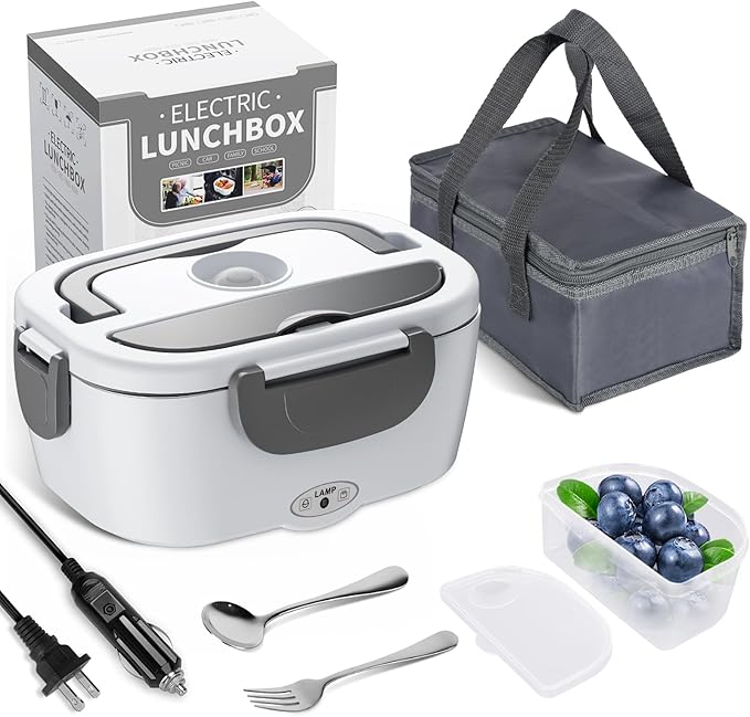 Herrfilk Electric Lunch Box Food Heater, 3 in 1 Ultra Quick Heated Lunch Boxes for Adults, 12V/24V/110V Portable Food Warmer for Car/Truck/Office With Fork Spoon and Insulated Carry Bag