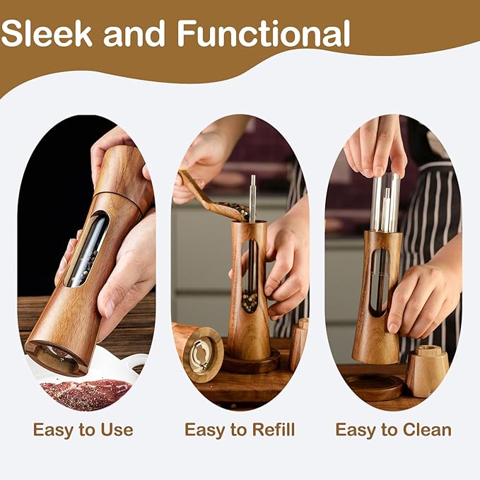 2 Pack Wooden Salt and Pepper Grinder Set — 8 Inch Refillable Salt and Pepper Shakers — Manual Spice Mills with Clear View Window — Ceramic Grinder, Adjustable Coarseness