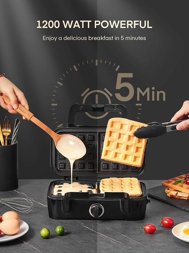 FOHERE Sandwich Maker 3 In 1 Waffle Maker With Removable Plates,1200W Grilled Cheese Maker, 5-gear Temperature Control, Non-stick Coating Easy to Clean, Indicator Lights, Silver/Black