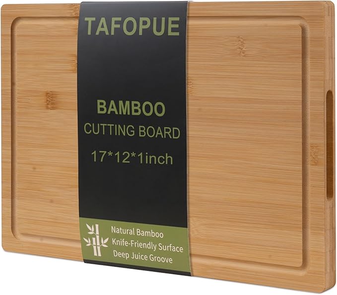 Bamboo Cutting Board for Kitchen, Thickened Chopping Board with Juice Groove & Handles, Large Double Sided Butcher Block for Meat, Vegetables & Charcuterie Serving, 17x12x1 Inch