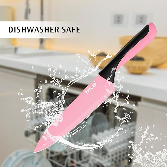 hecef 13 Pieces Kitchen Knife Set with Built-in Sharpening Wooden Block, Dishwasher Safe, High Carbon Stainless Steel Knife Block Set with Steak Knives, Kitchen Scissors, Pink