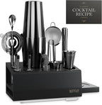 Mixology Bartender Kit - 15Pcs Bar Set Cocktail Shaker Set w Black Bar Cart Accessories Stand - Shakers Bartending Gun Metal Black Tools, 24oz Shaker, 17 Recipe Cards, Martini Barware