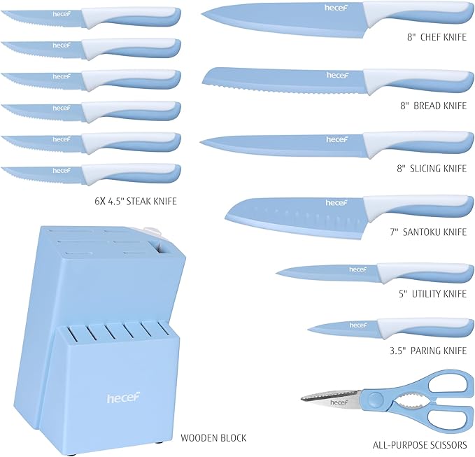 hecef 15 Pieces Kitchen Knife Set with Built-in Sharpening Wooden Block, Dishwasher Safe, High Carbon Stainless Steel Knife Block Set with Steak Knives, Kitchen Scissors, Blue