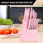 E-far Knife Set with Block, 15 Pieces Kitchen Knife Block Set with Sharpener, High Carbon Stainless Steel Sharp Chef Knife Set with Ergonomic Handles, Anti Rust, Pink