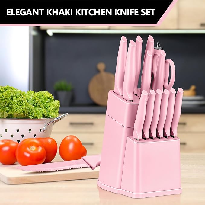 E-far Knife Set with Block, 15 Pieces Kitchen Knife Block Set with Sharpener, High Carbon Stainless Steel Sharp Chef Knife Set with Ergonomic Handles, Anti Rust, Pink