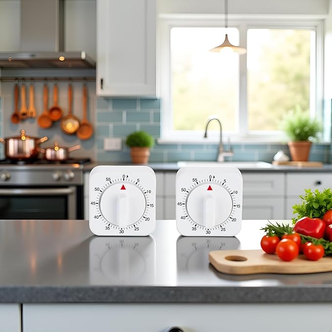 2Pcs White Timer Clock Square 60-Minute Mechanical Kitchen Timer Wind up Visual Cooking Clock with Loud Alarm No Batteries Required Ideal for Cooking Baking and Kitchen Thermometers and Timers