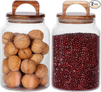 SAIOOL Canister Set of 2, Glass Kitchen Canisters with Airtight Acacia Lid, Tall Clear Airtight Food Storage Jar, Kitchen Pantry Storage Container for Noodles Flour Cereal Coffee