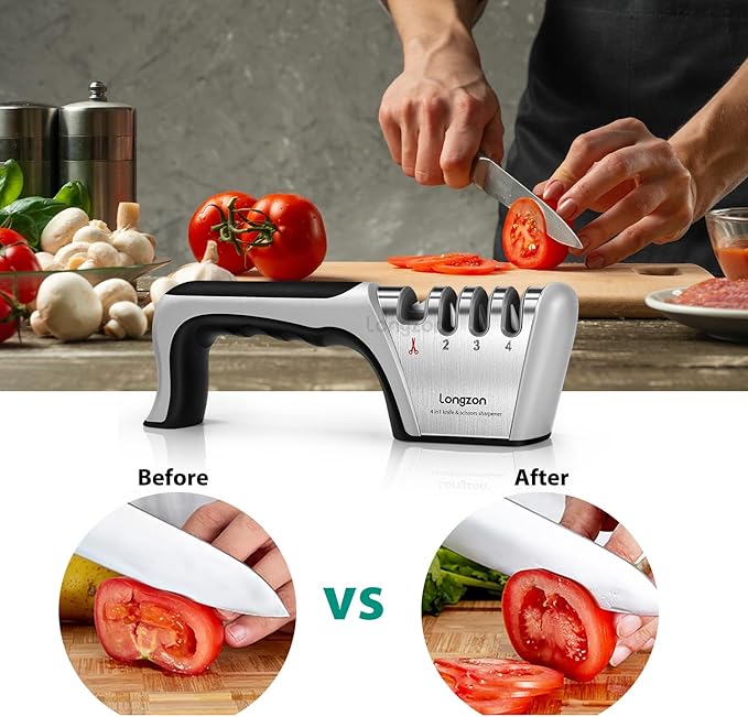 Longzon 5-in-1 Knife Sharpener 4 Stage with Cut-Resistant Glove, Quickly Sharpens & Restores Dull Blades, Easy & Safe for Home Kitchen Use, Fits Most Knives and Scissors, Black+Silver