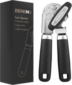 Beneno Heavy Duty Hand Can Opener Manual with Magnet, Durable Sharp Carbon Steel Blade Smooth Cutting, Big Effort-Saving Knob & Soft Grip Handle, Multifunctional Kitchen Tool with Bottle Opener, Black