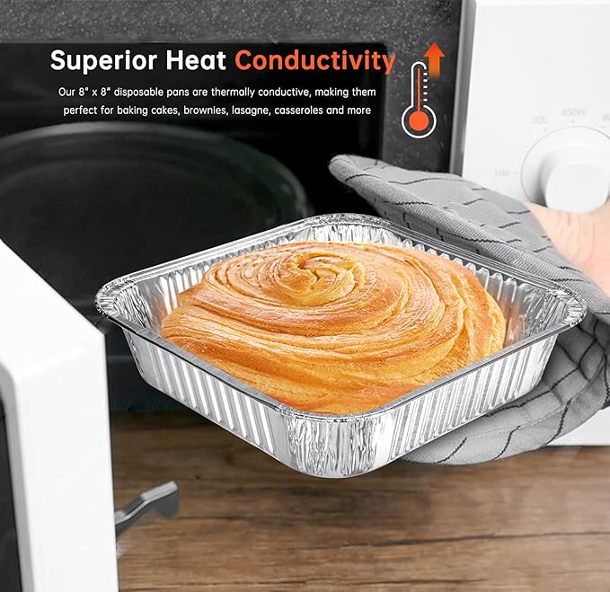 Aluminum Pans 8x8-50 Pack Disposable Baking Pans, 8 Inch Square Tin Foil Pans, Aluminum Roasting Trays for Holiday Cooking, Heating and Baking, Christmas, Parties Meal Prep & Storage