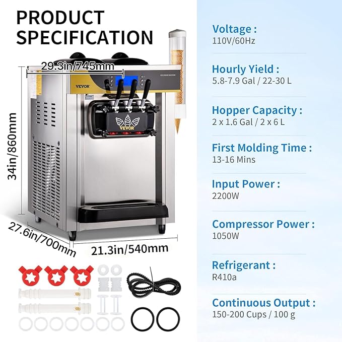 VEVOR Commercial Ice Cream Maker, 22-30L/H Yield, Countertop Soft Serve Machine with 2x6L Hopper 2L Cylinder LCD Panel Puffing Shortage Alarm, Frozen Yogurt Maker for Restaurant Snack Bar, Silve
