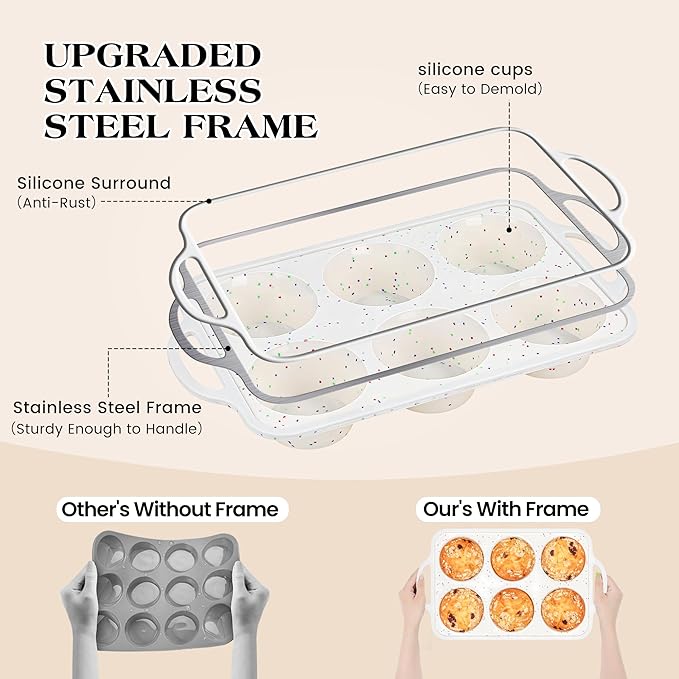 2 Pcs Jumbo Muffin Pan with Metal Frame, Nonstick 6 Cup Extra Large Cupcake Pan for Baking, Silicone Deep Muffin Tray for Egg Bites (Cream)